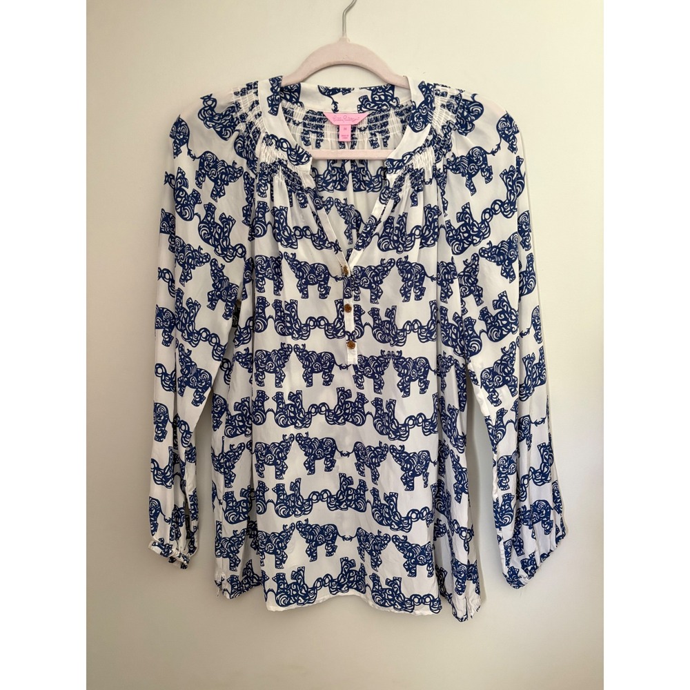 Lilly Pulitzer Captain Popover Tunic Top in Pack Your Trunk Elephant 100% Silk M